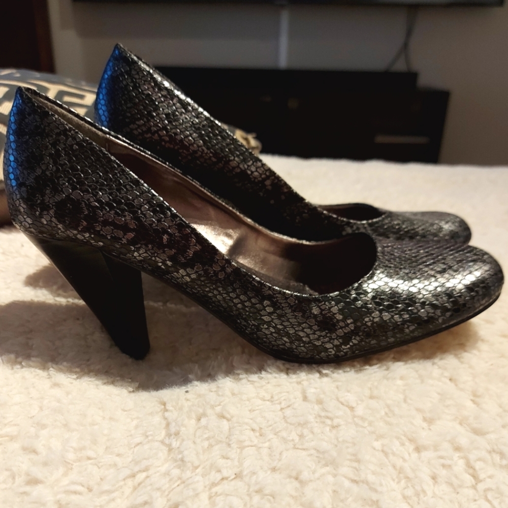 Black and Silver Heels with Snakeskin Texture.